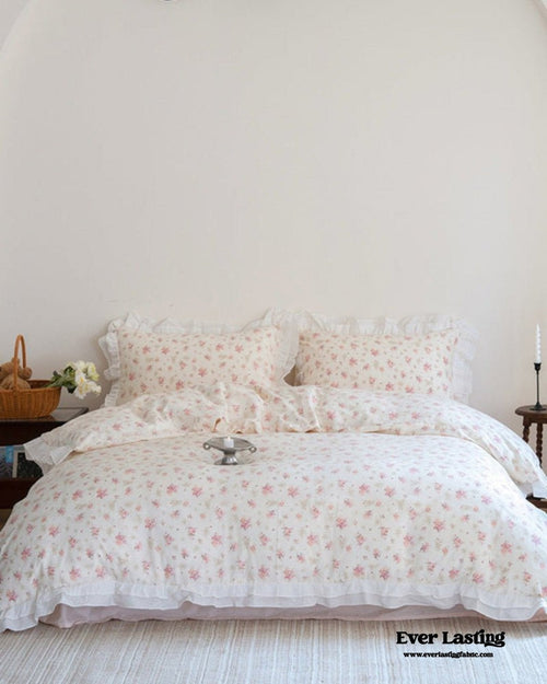 Annie Lace Ruffle Floral Bedding Set / Pink Beige