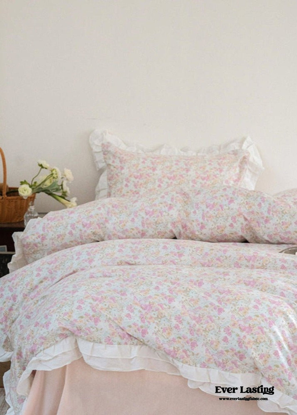 Annie Lace Ruffle Floral Bedding Set / Pink Beige